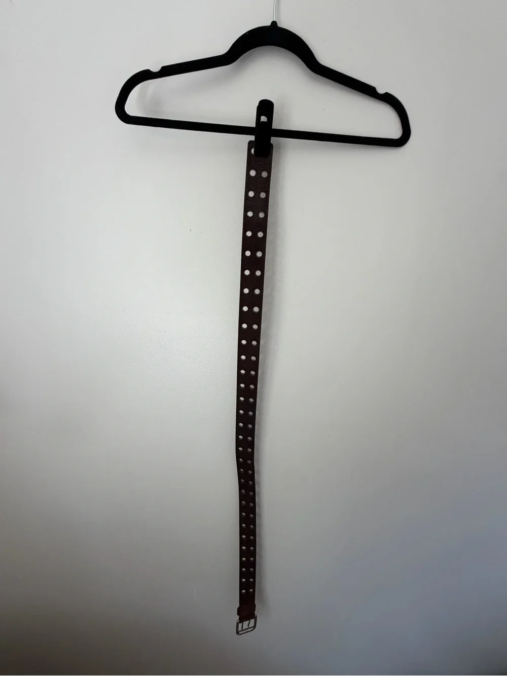 Brown Double Grommet Leather Belt Silver Double Prong Buckle Size M/L